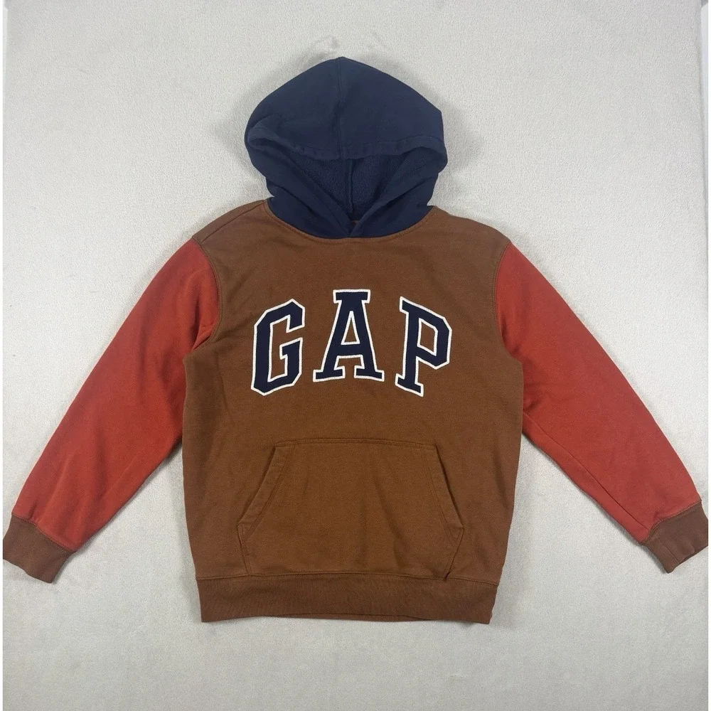 GAP Kids Color Block Logo Pullover Hoodie Boys XL Brown Red Blue Sweatshirt